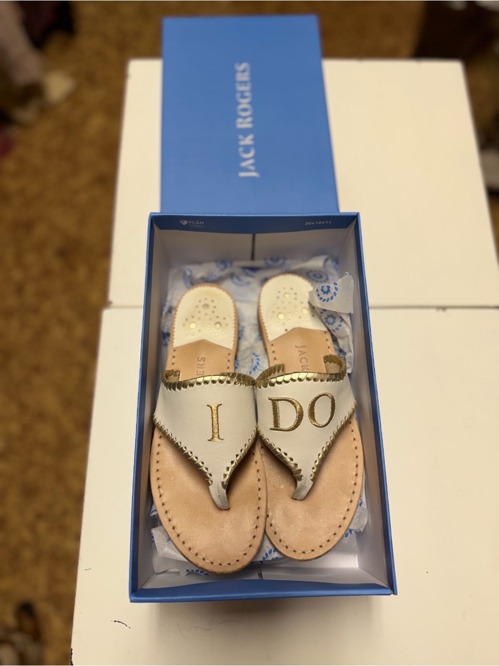 Jack Rogers White Sandals with Gold 'I DO' Accent